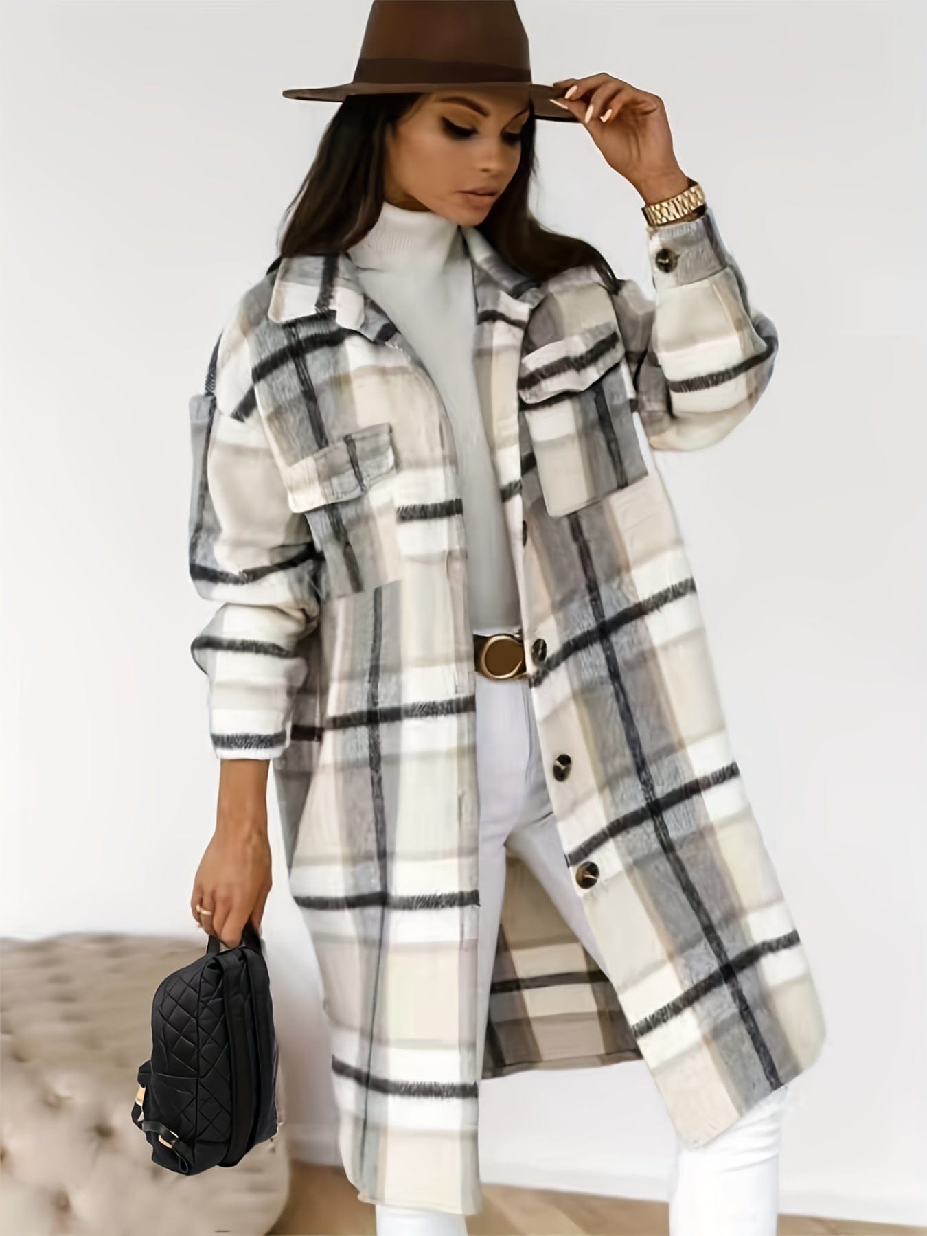 Button-Down Plaid Coat Plus Size