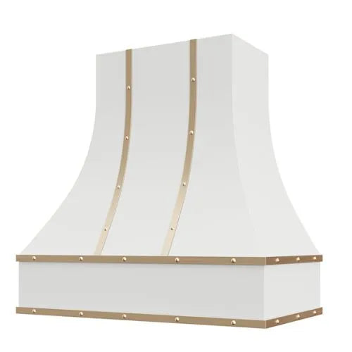 Primed Range Hood With Curved Front, Brass Strapping, Buttons and Block Trim - 30", 36", 42", 48", 54" and 60" Widths Available