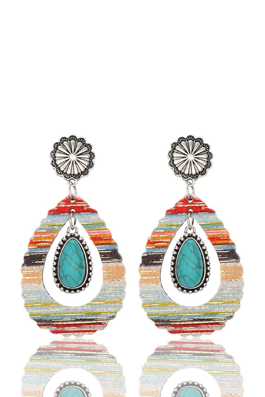 Red Turquoise Waterdrop Leather Earrings with Patchwork Design