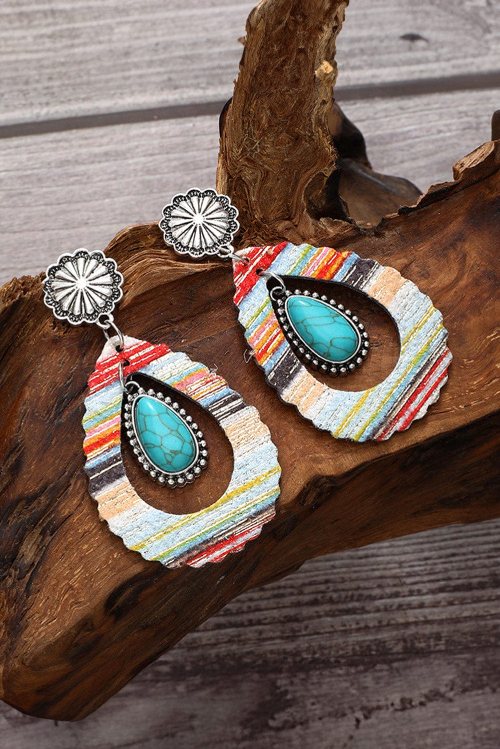 Red Turquoise Waterdrop Leather Earrings with Patchwork Design