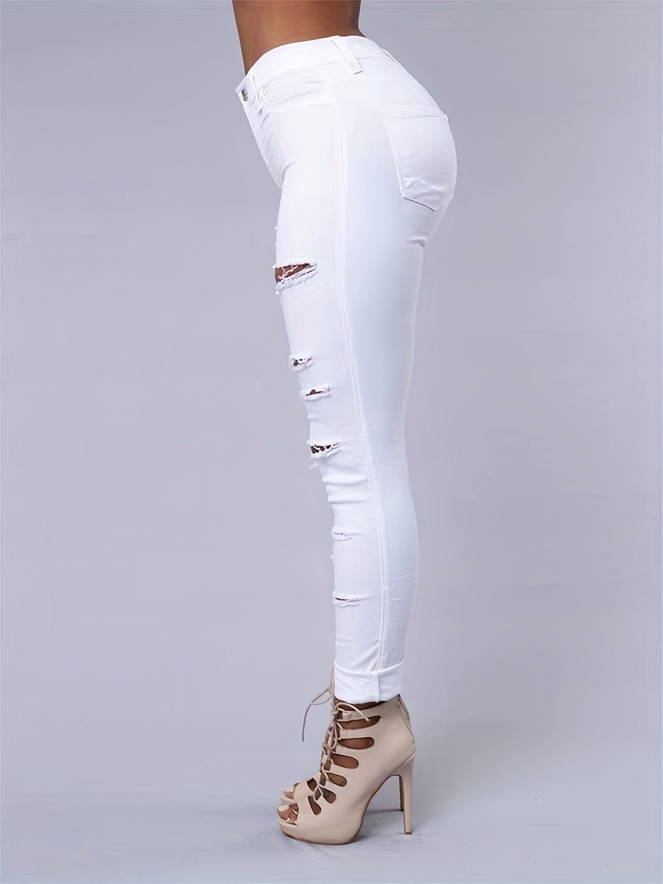 White Ripped Denim - High-Waisted Skinny Leg