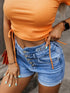 Roll Edge Dusk Blue High Rise Denim Shorts with Button Fly