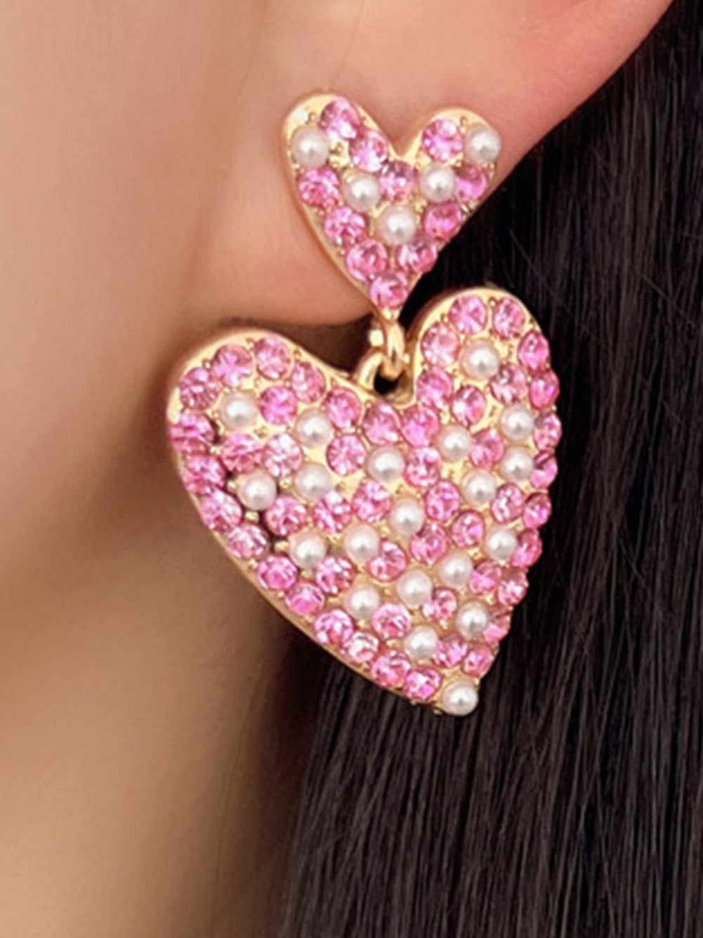 Romantic Pink Heart-Shaped Rhinestone and Pearl Earrings