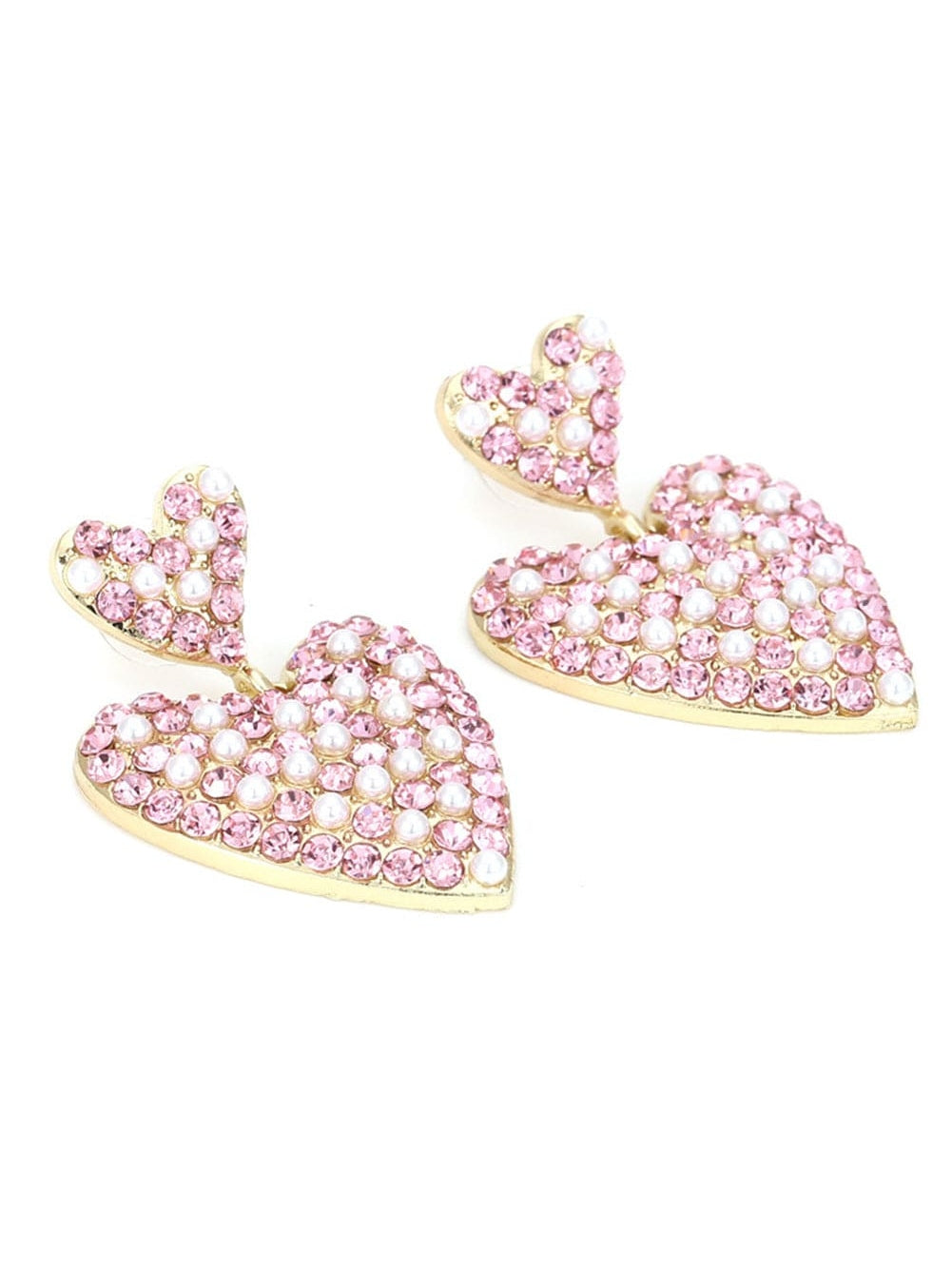 Romantic Pink Heart-Shaped Rhinestone and Pearl Earrings