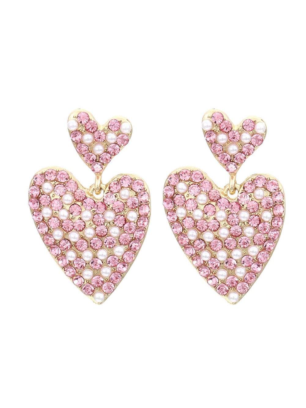 Romantic Pink Heart-Shaped Rhinestone and Pearl Earrings