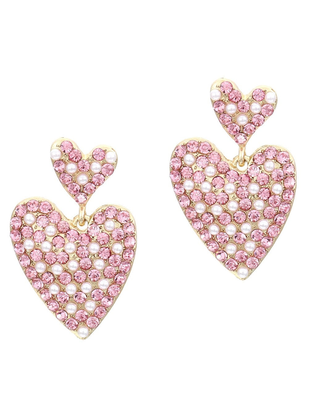 Romantic Pink Heart-Shaped Rhinestone and Pearl Earrings