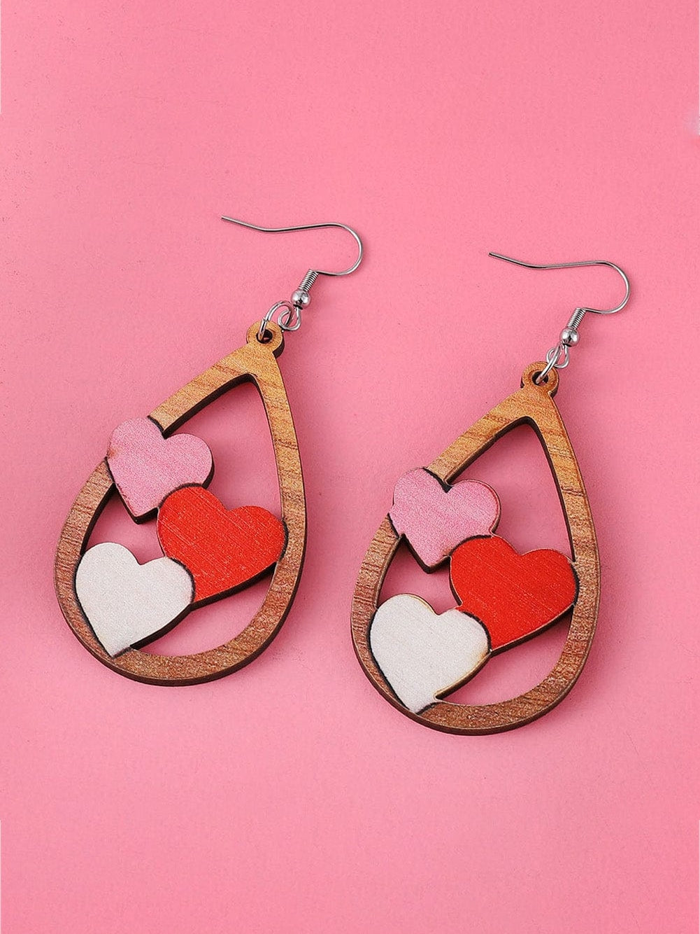 Romantic Red Heart Drop Earrings with Wooden Detail