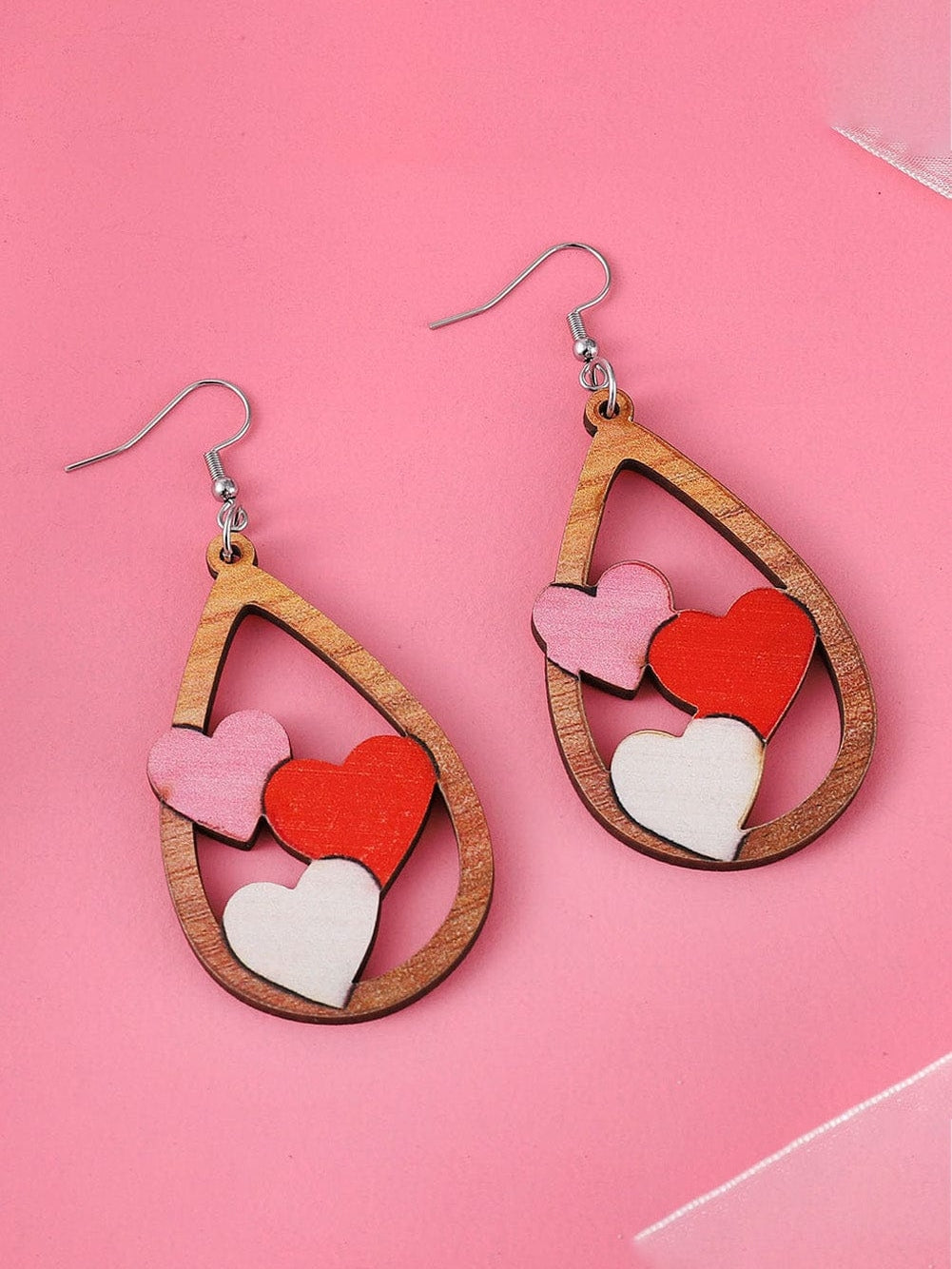 Romantic Red Heart Drop Earrings with Wooden Detail