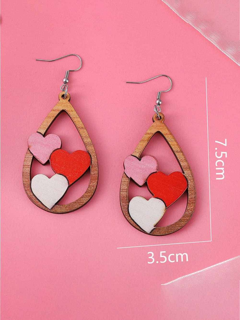 Romantic Red Heart Drop Earrings with Wooden Detail
