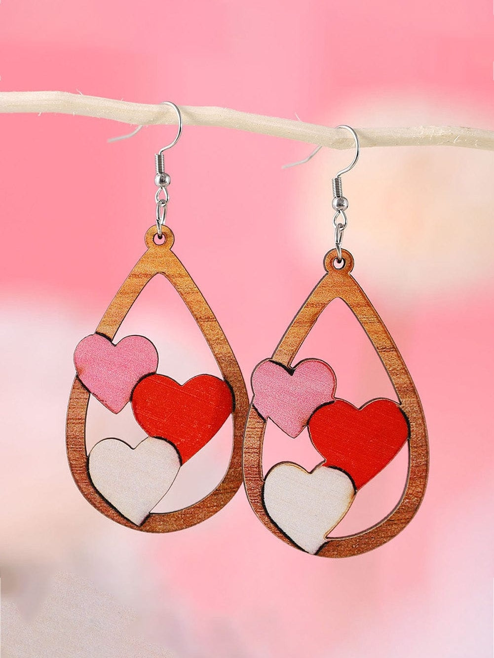 Romantic Red Heart Drop Earrings with Wooden Detail