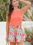 Rose Abstract Print A-line Ruffled Hem Shorts with Elastic Waist