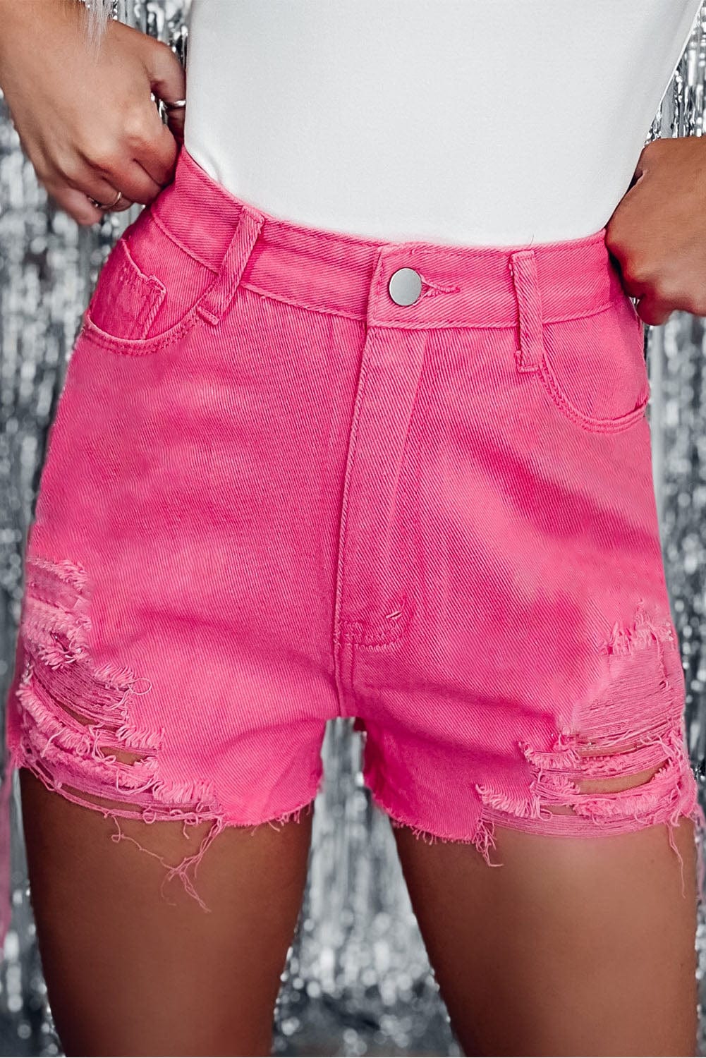 Rose Distressed Slim Fit High Waisted Denim Shorts for a Stylish Edge