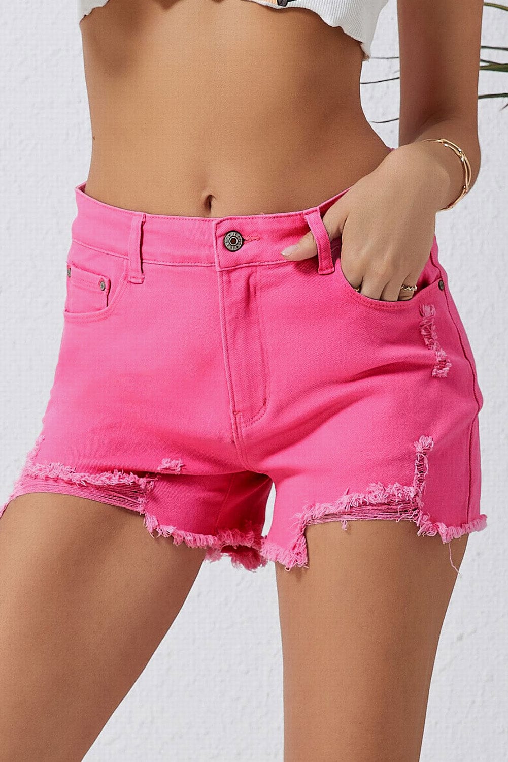 Rose Distressed Slim Fit High Waisted Denim Shorts for a Stylish Edge
