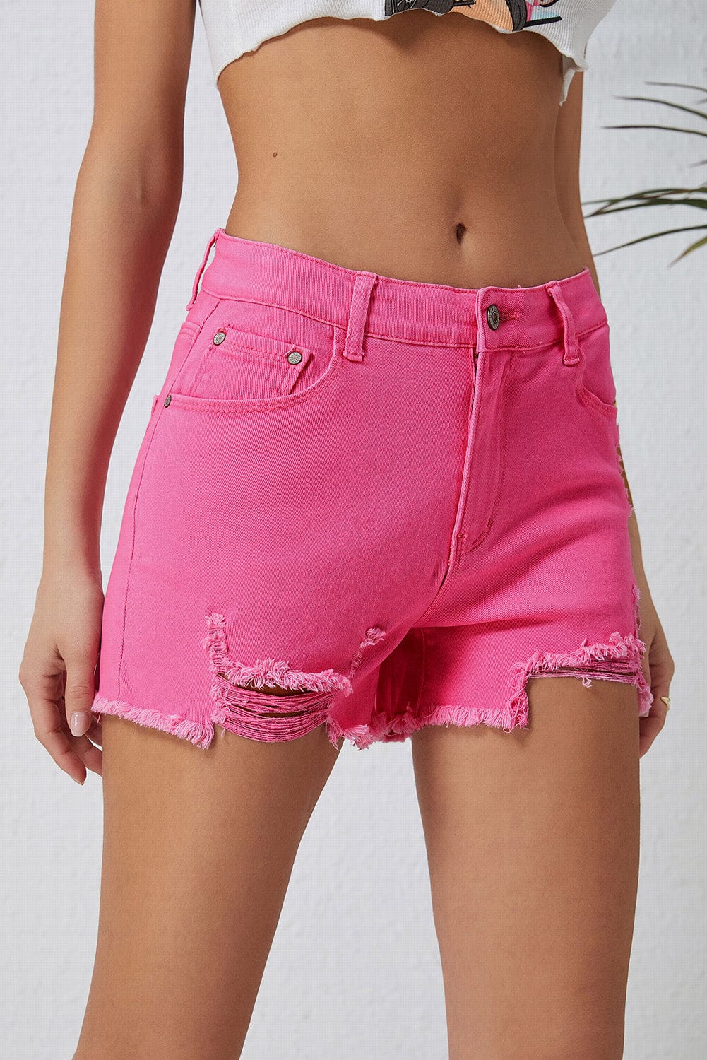 Rose Distressed Slim Fit High Waisted Denim Shorts for a Stylish Edge