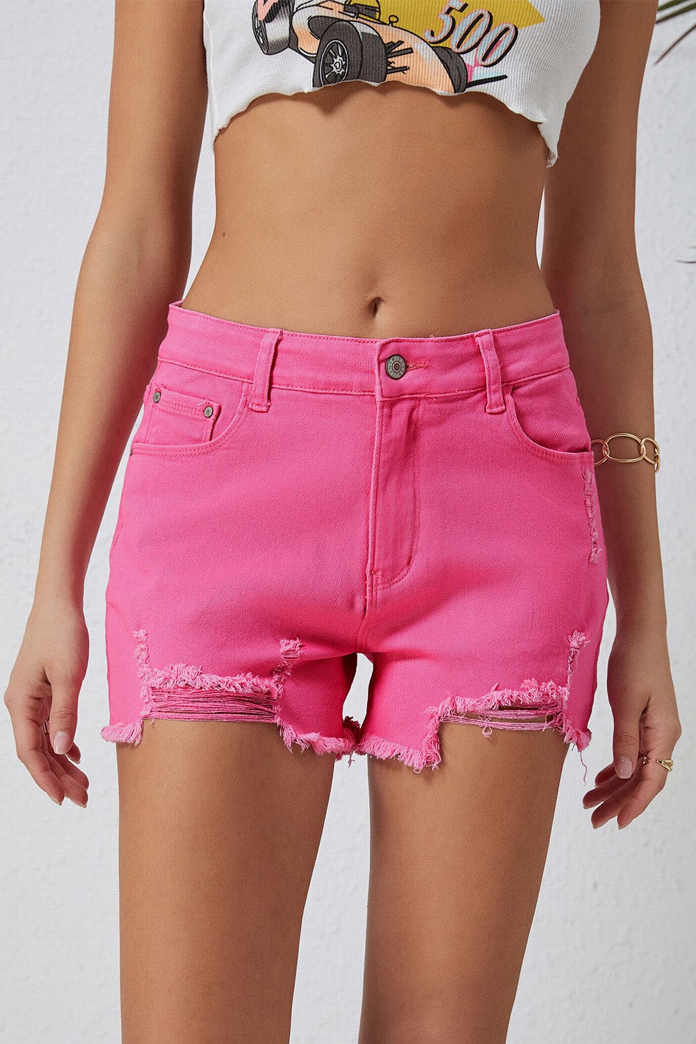Rose Distressed Slim Fit High Waisted Denim Shorts for a Stylish Edge