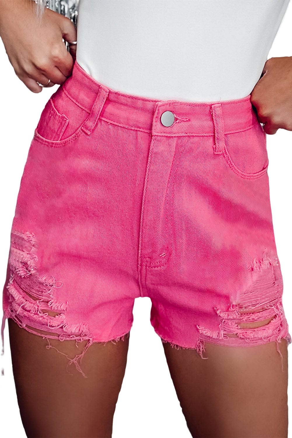 Rose Distressed Slim Fit High Waisted Denim Shorts for a Stylish Edge