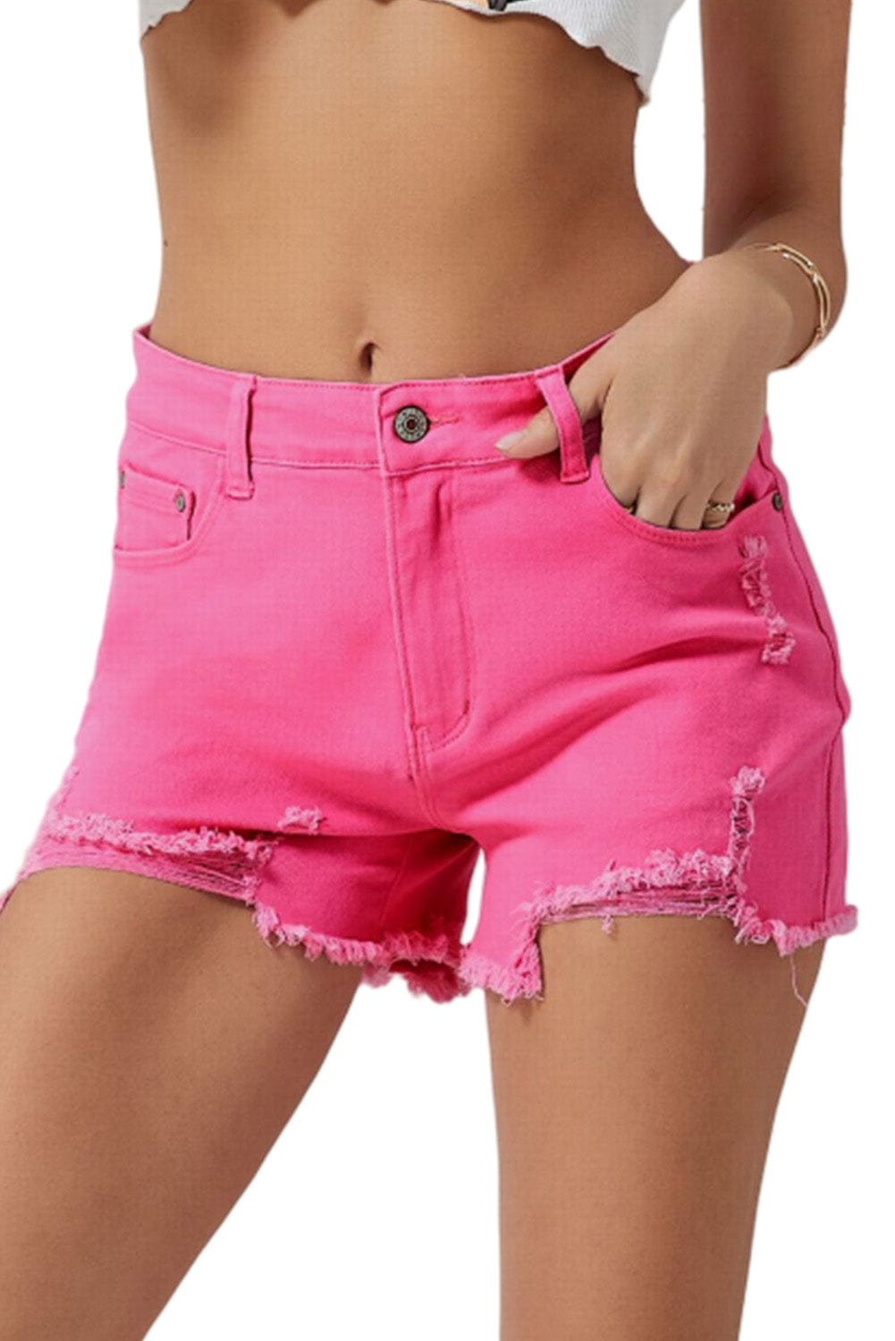 Rose Distressed Slim Fit High Waisted Denim Shorts for a Stylish Edge
