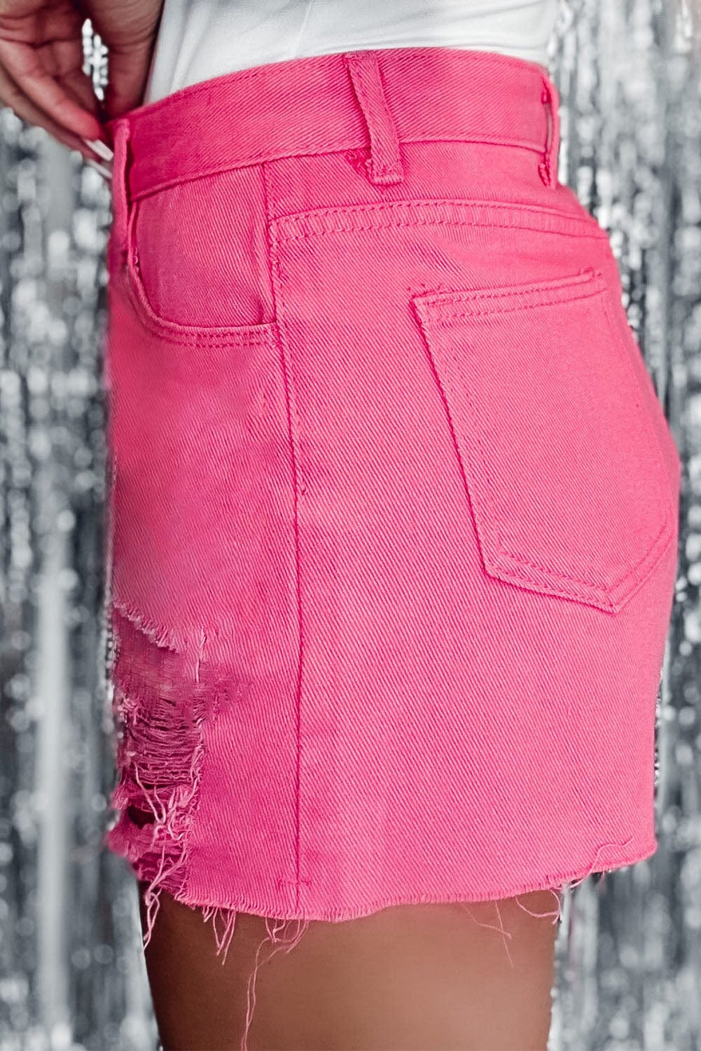 Rose Distressed Slim Fit High Waisted Denim Shorts for a Stylish Edge