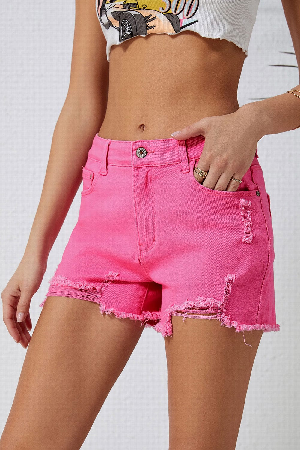 Rose Distressed Slim Fit High Waisted Denim Shorts for a Stylish Edge