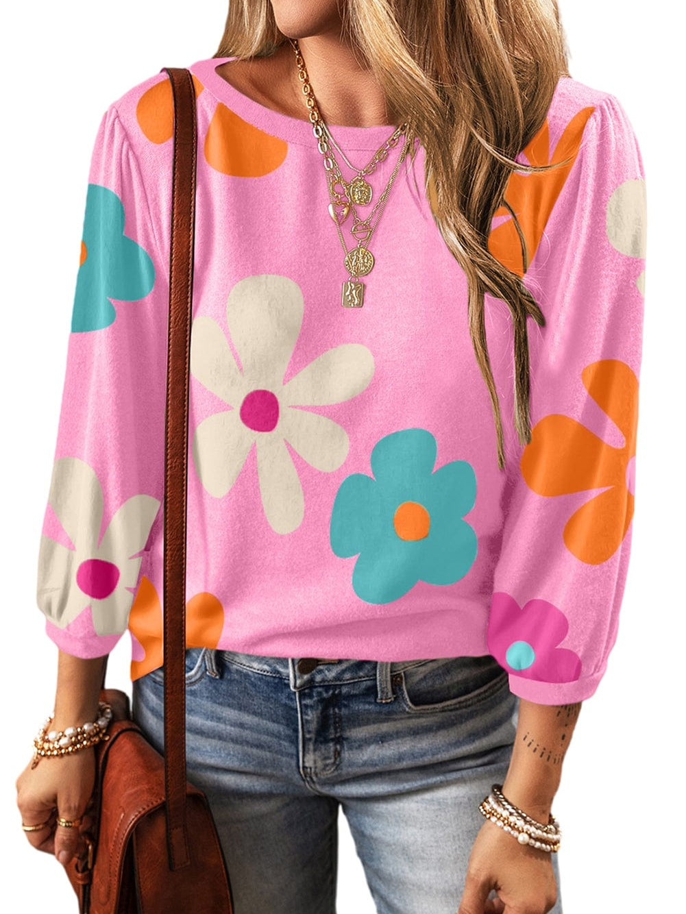 Floral Print Balloon Sleeve Top for Women