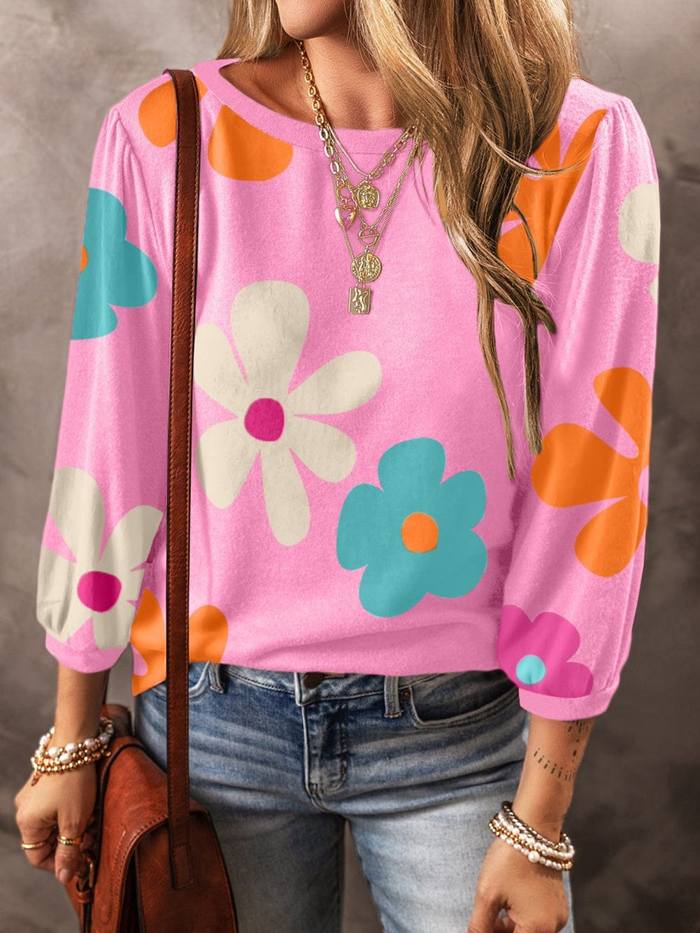 Floral Print Balloon Sleeve Top for Women