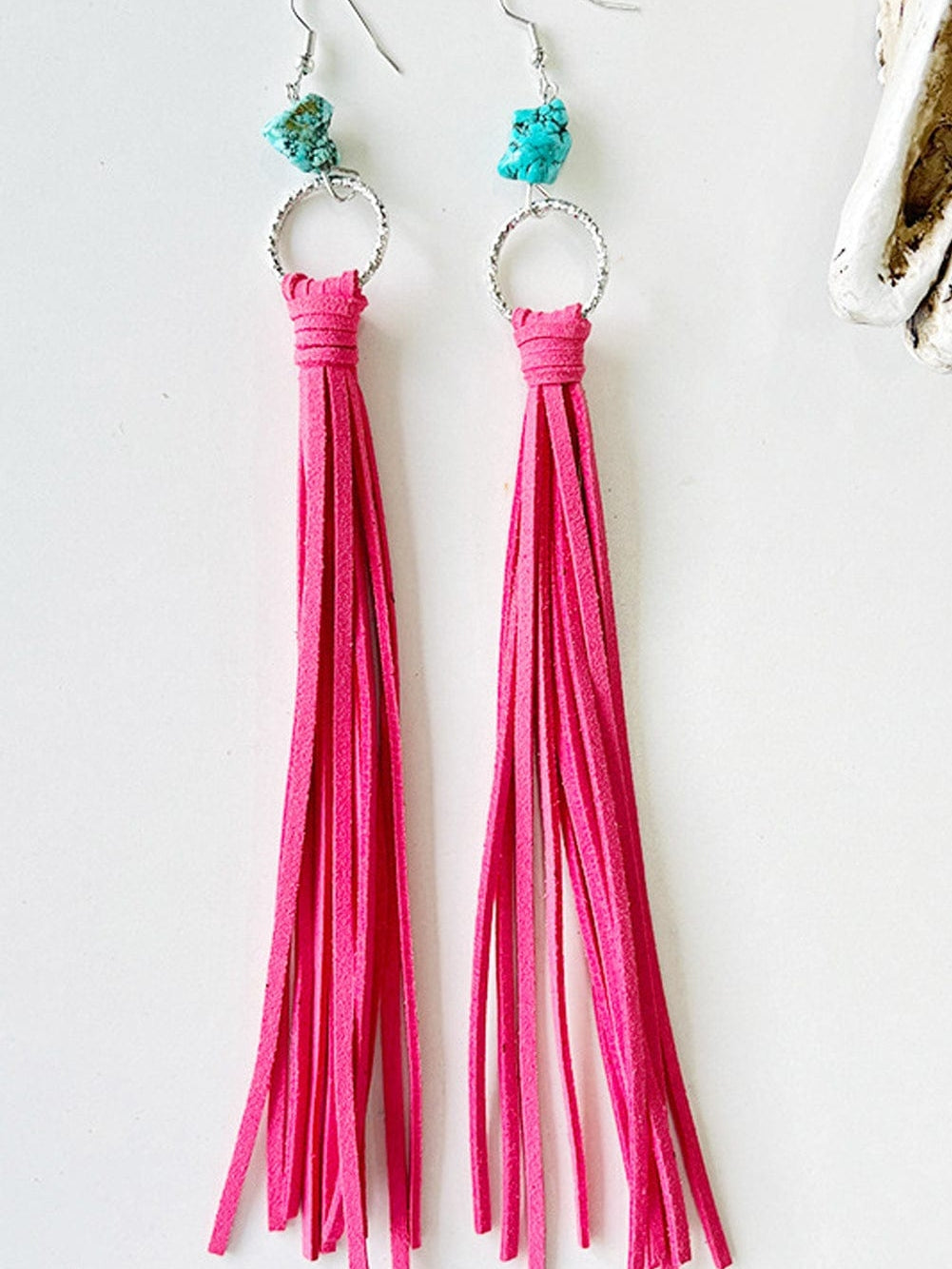 Rose Pink Western Turquoise O-ring Tassel Earrings