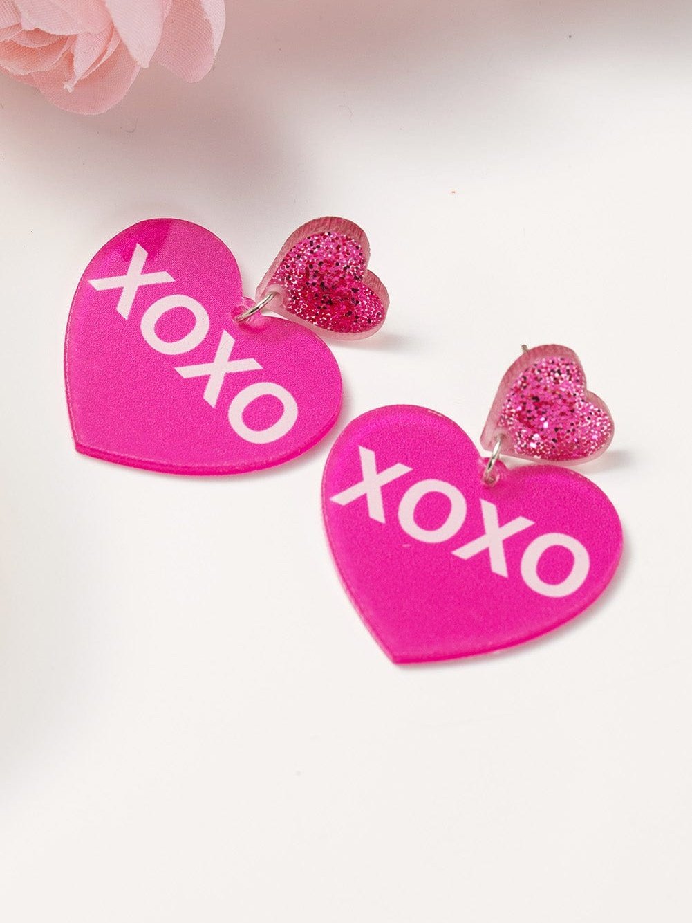 Rose Red XOXO Print Double Heart Shape Dangle Earrings for Valentine's Day