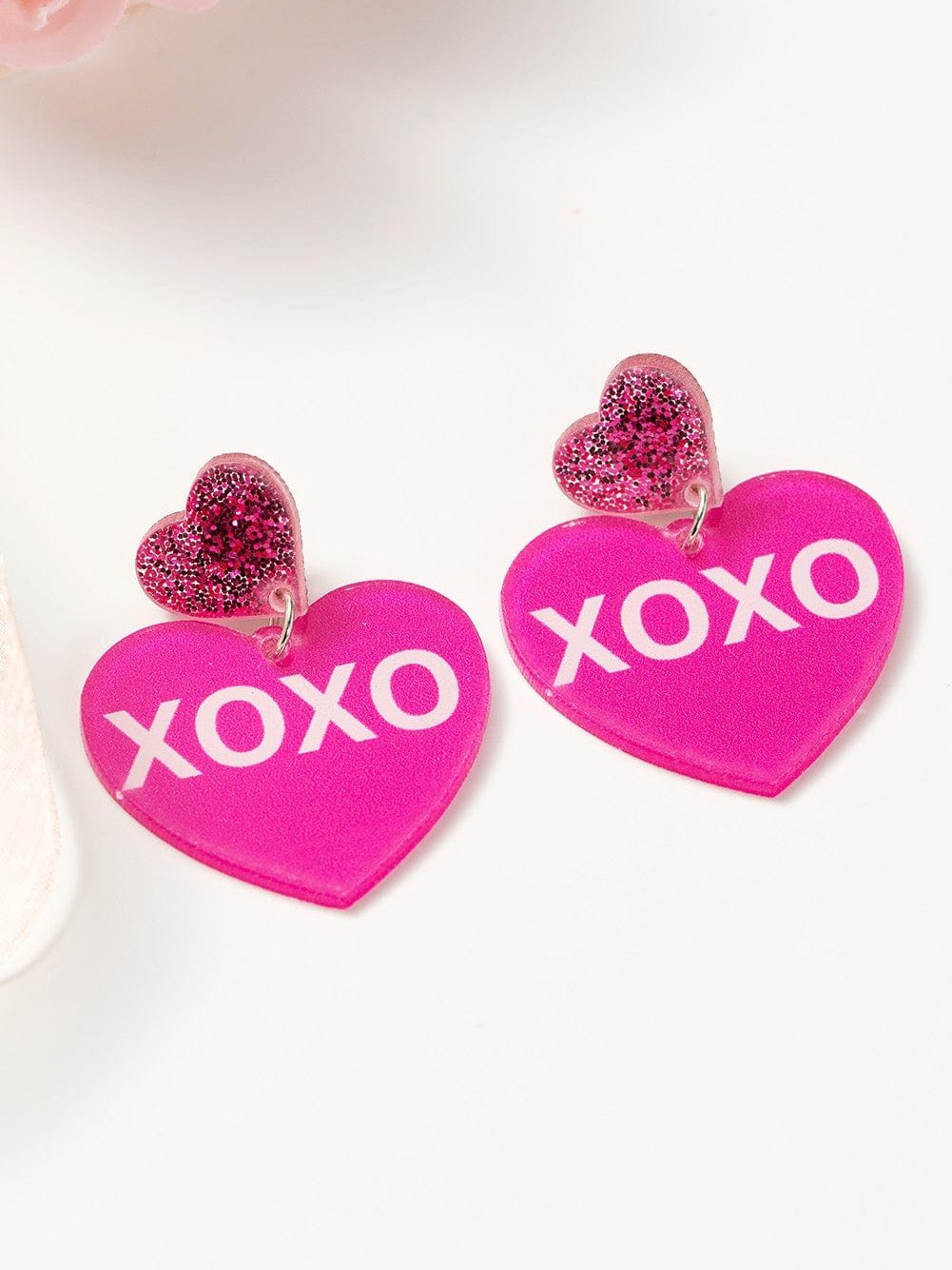 Rose Red XOXO Print Double Heart Shape Dangle Earrings for Valentine's Day