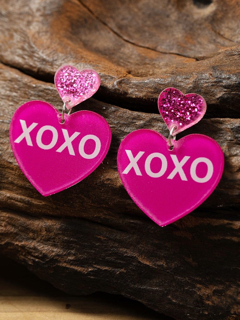Rose Red XOXO Print Double Heart Shape Dangle Earrings for Valentine's Day