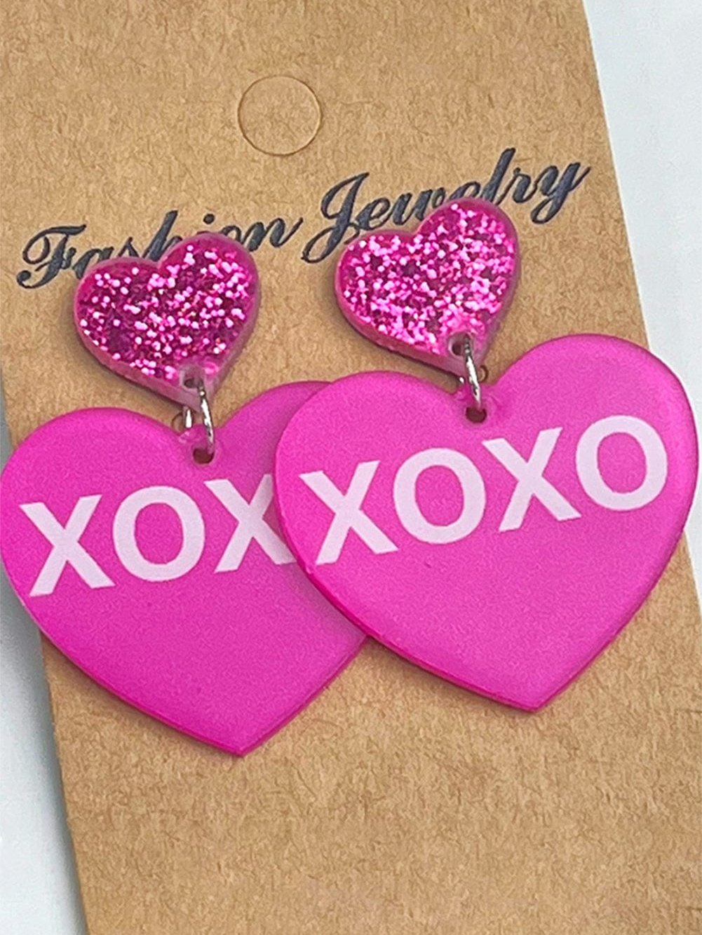 Rose Red XOXO Print Double Heart Shape Dangle Earrings for Valentine's Day