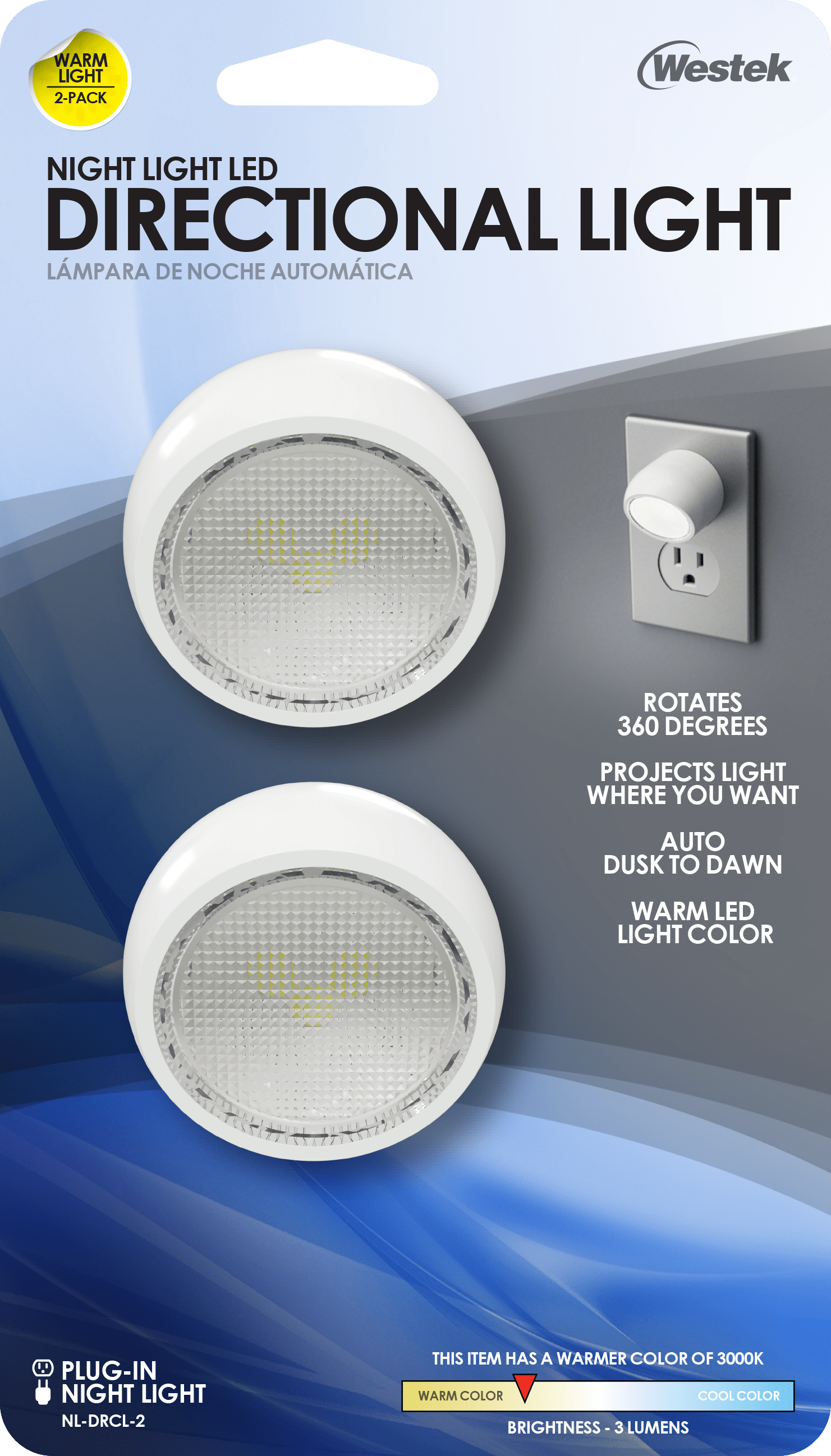 Luz nocturna automática LED direccional giratoria (paquete de 2)