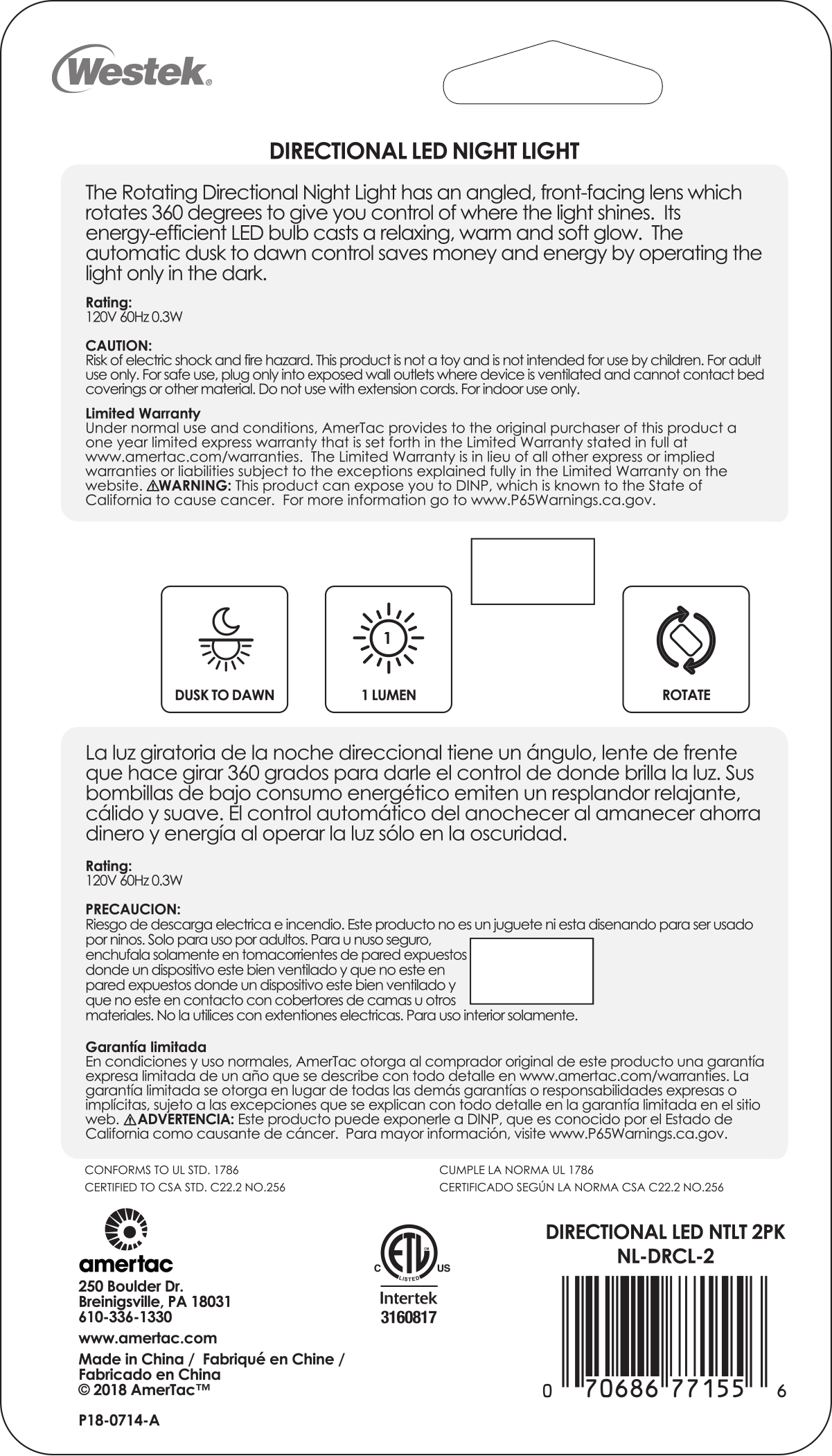 Luz nocturna automática LED direccional giratoria (paquete de 2)