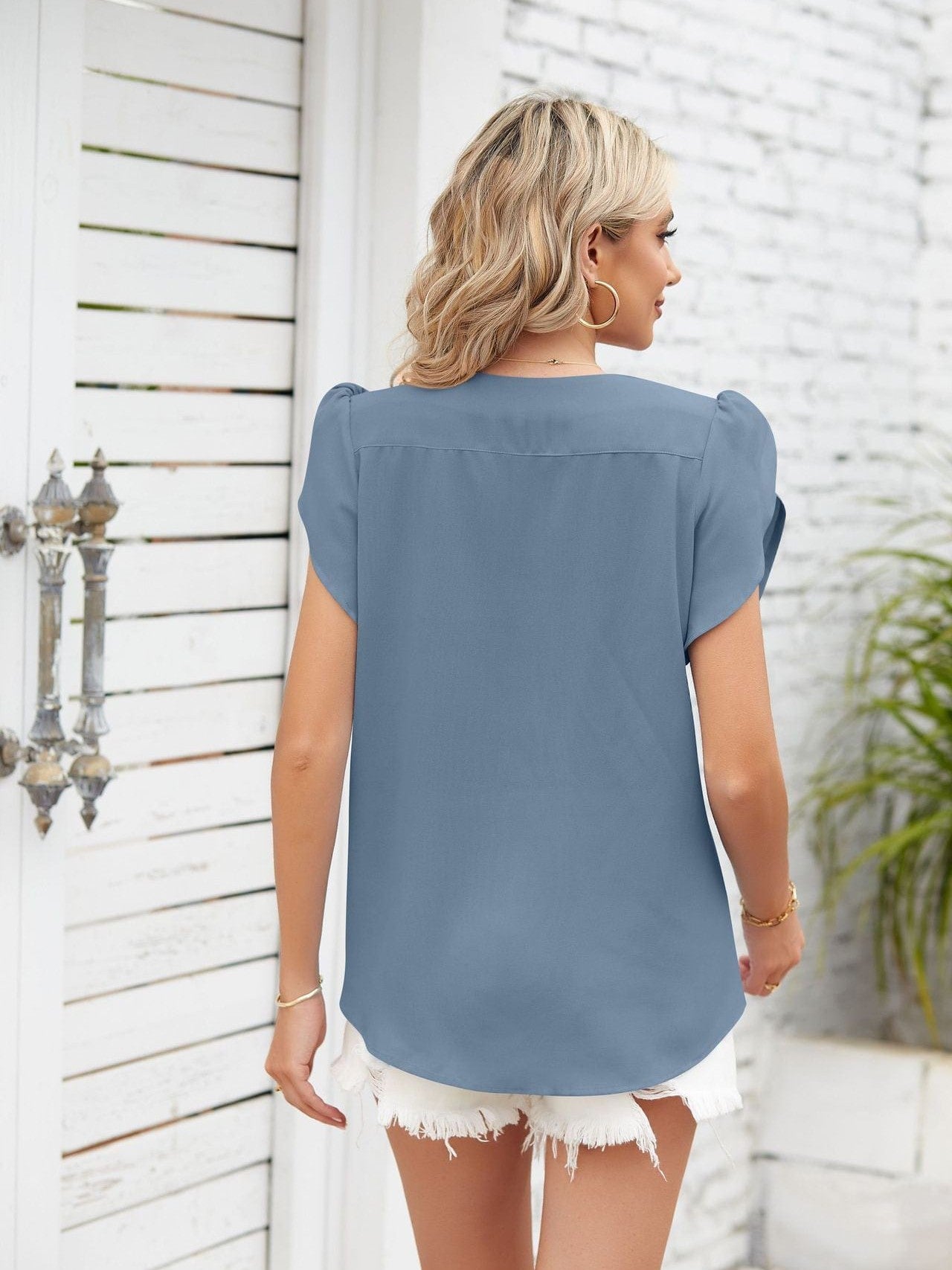 Ribbed Knit Mock Neck Top with Short Sleeves