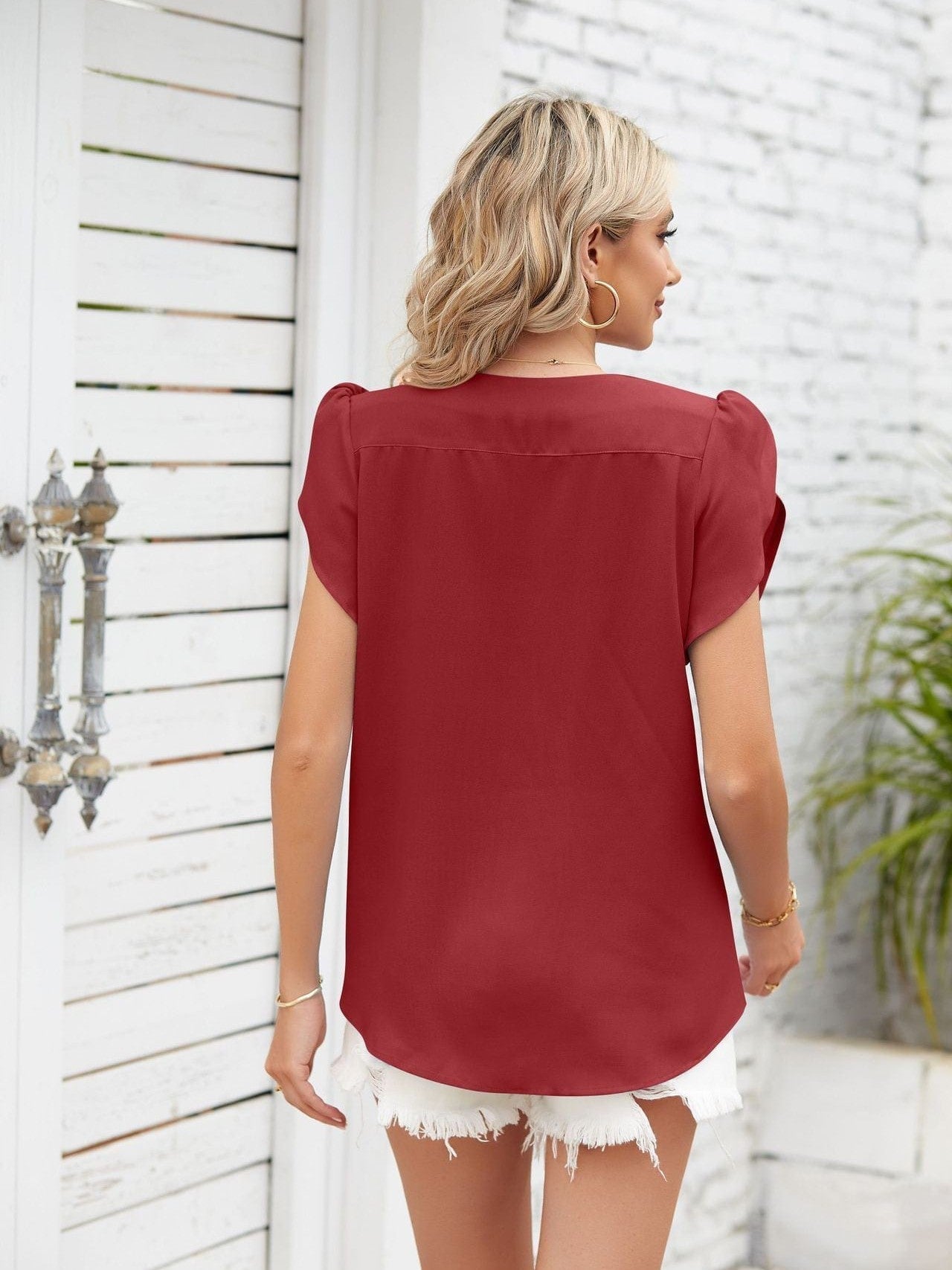 Ribbed Knit Mock Neck Top with Short Sleeves
