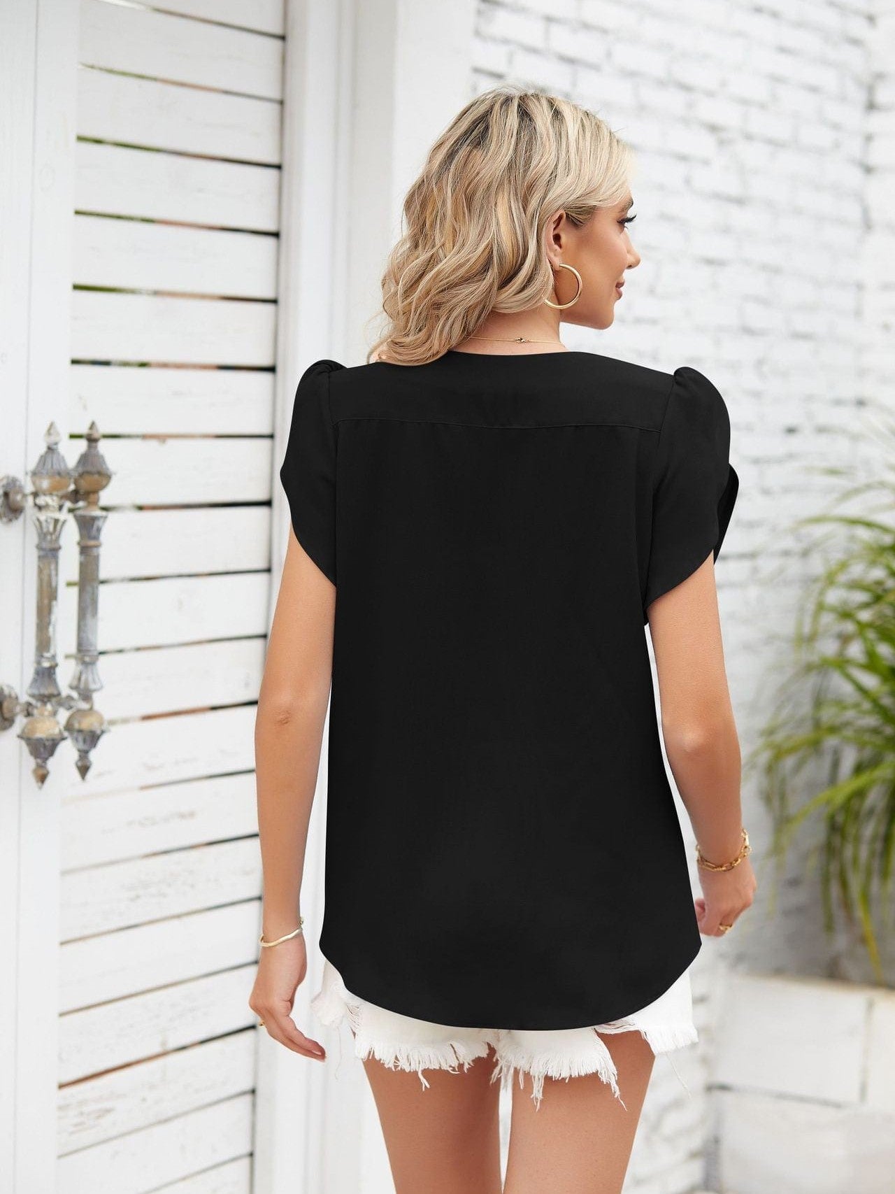 Ribbed Knit Mock Neck Top with Short Sleeves