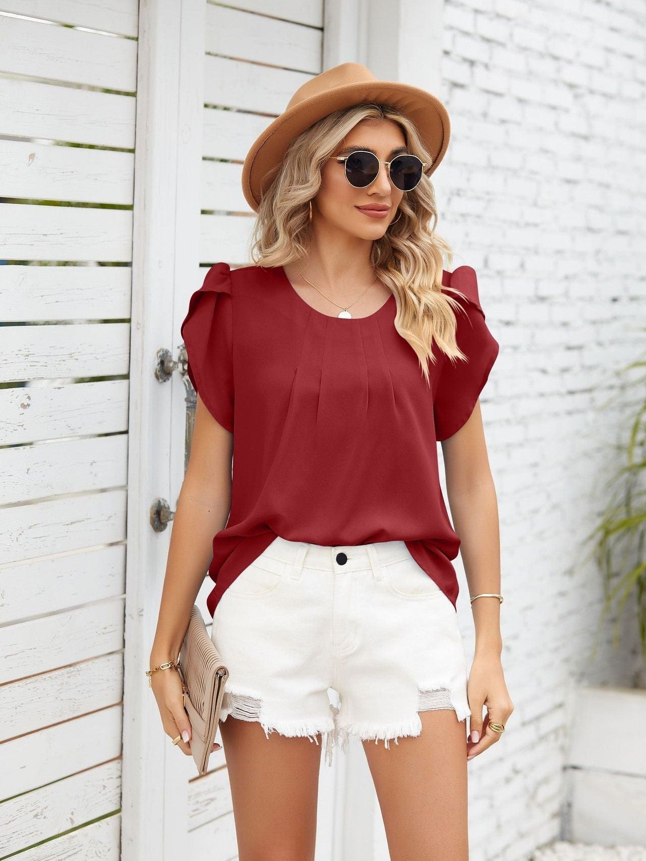 Ribbed Knit Mock Neck Top with Short Sleeves