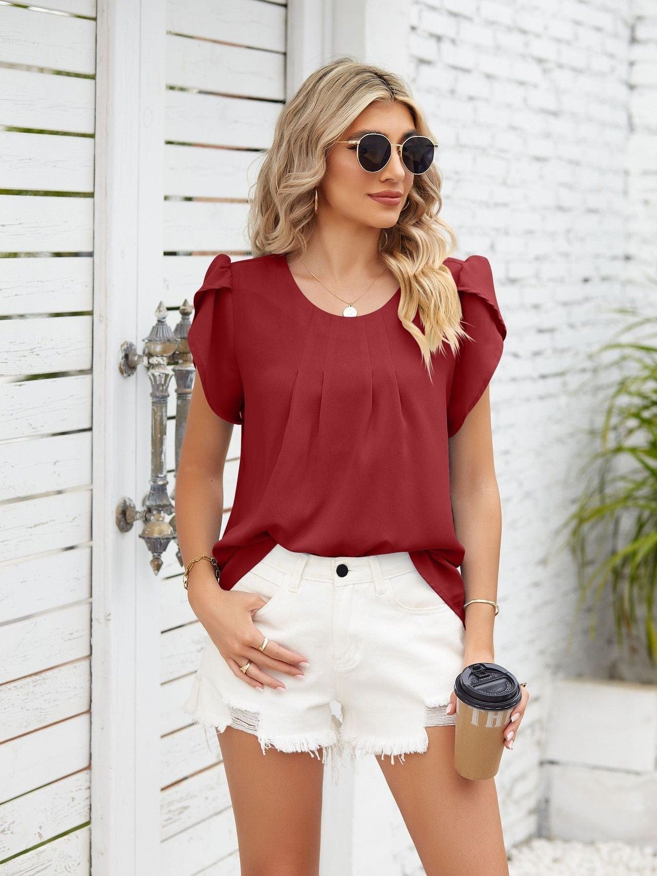 Ribbed Knit Mock Neck Top with Short Sleeves