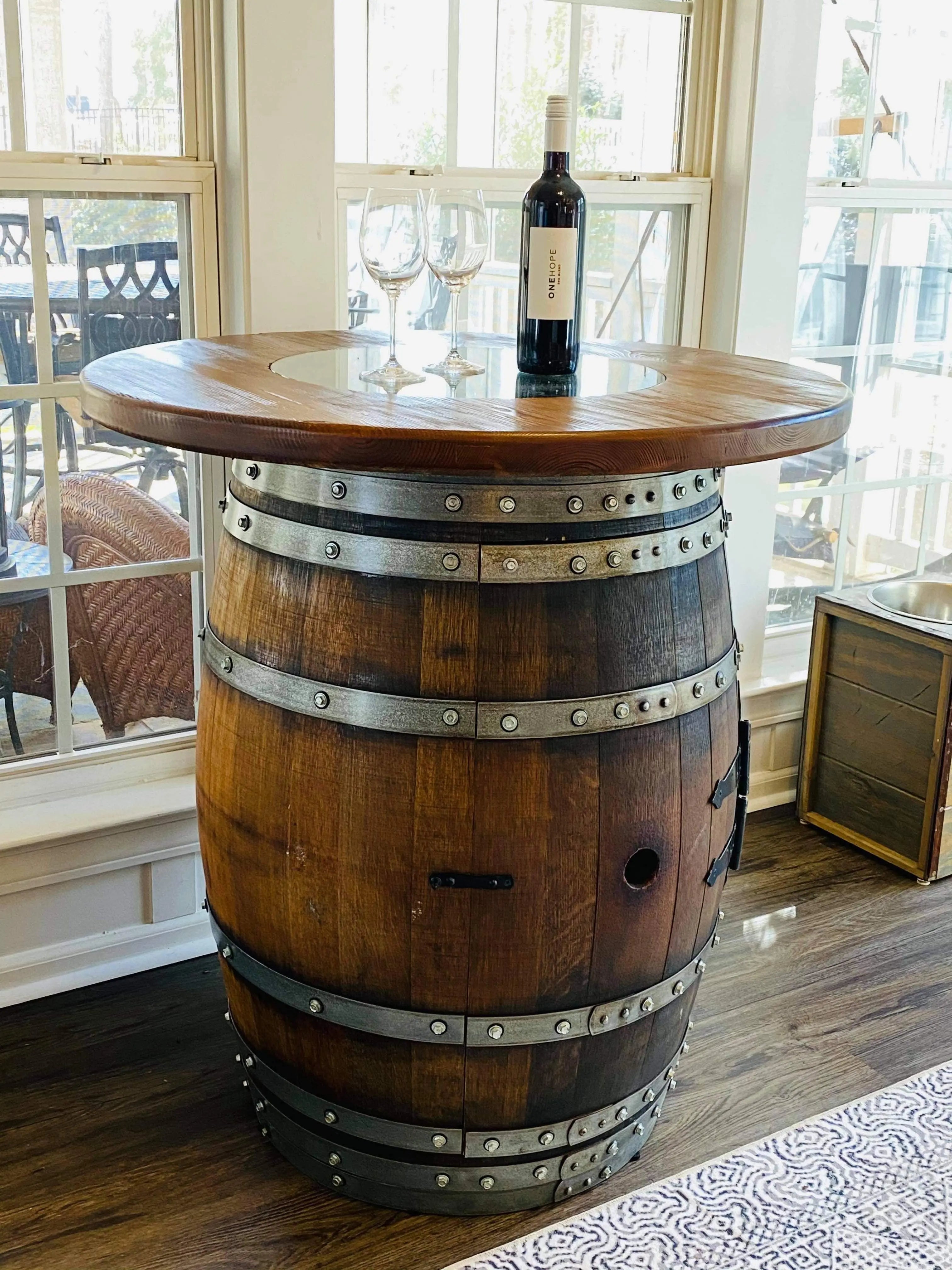 Tablero de mesa con centro de vidrio para barril de whisky o vino, estilo rústico recuperado, elegante, madera maciza cepillada a mano - Envío gratuito