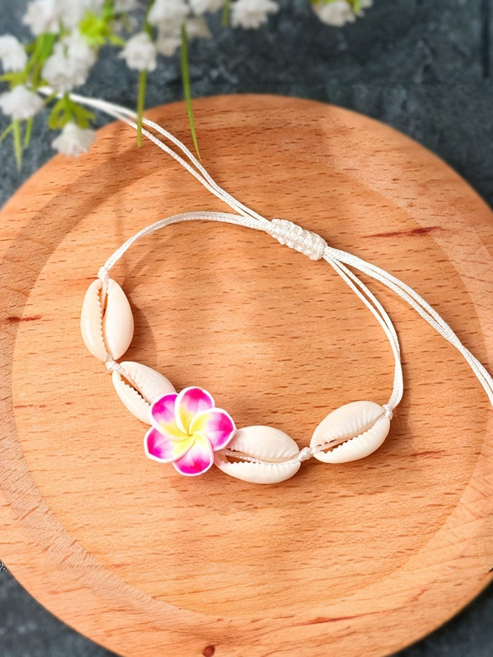 Seashell and Flower Adjustable Polymer Clay Bracelet