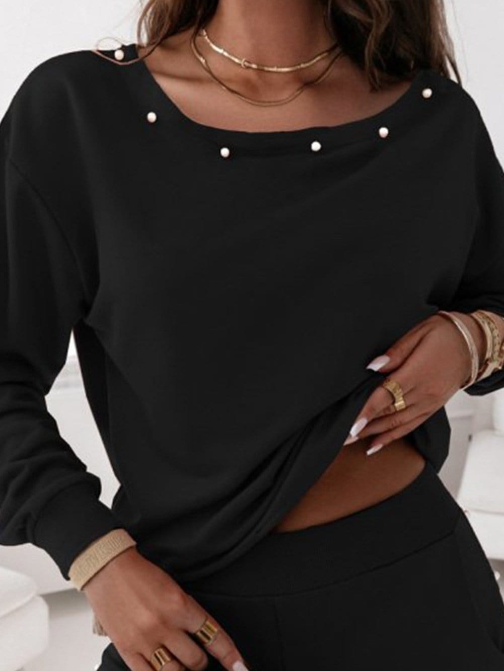 Stylish Black Joggers with Pearl Detail