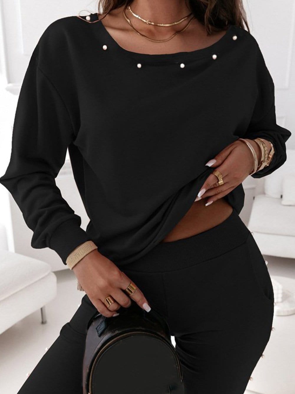 Stylish Black Joggers with Pearl Detail