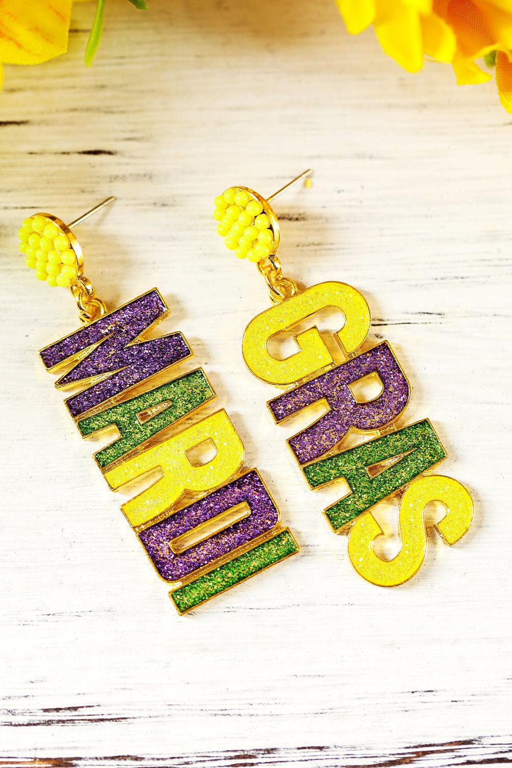 Shimmering Yellow MARDI GRAS Alphabet Stud Earrings