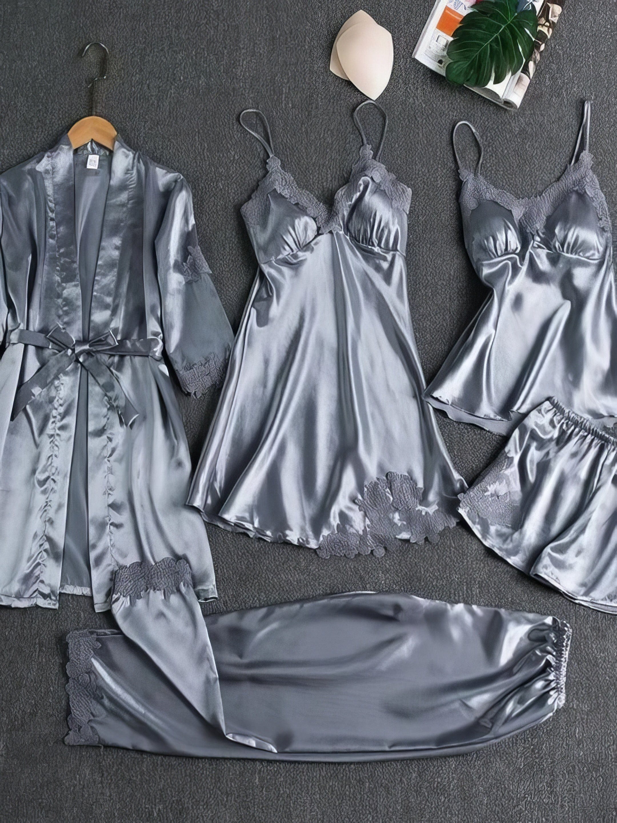 Women's 5-Piece Satin Pajama Set, Lace Trimmed