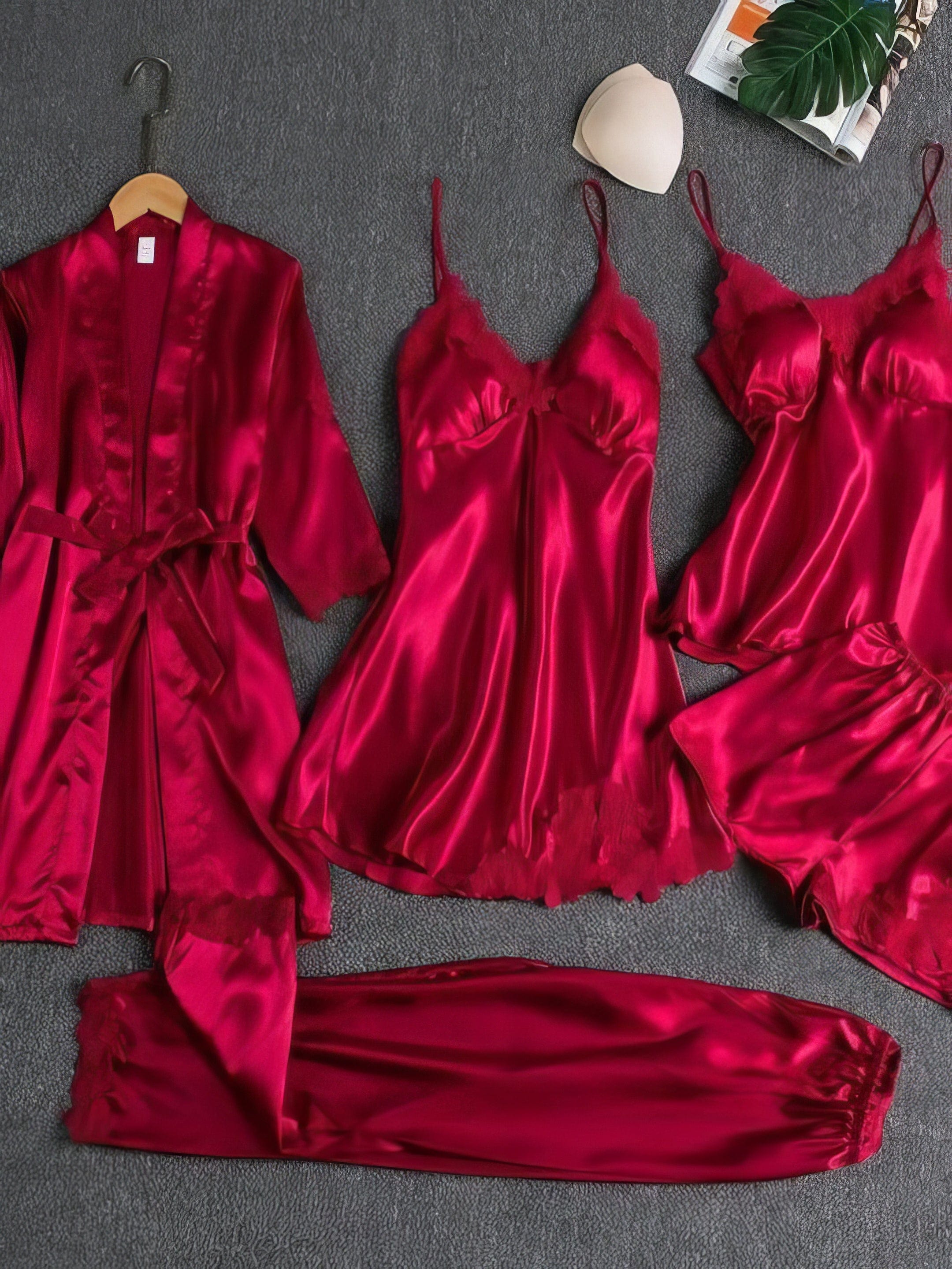 5-Piece Pajama Set: Soft Satin, Lace Details
