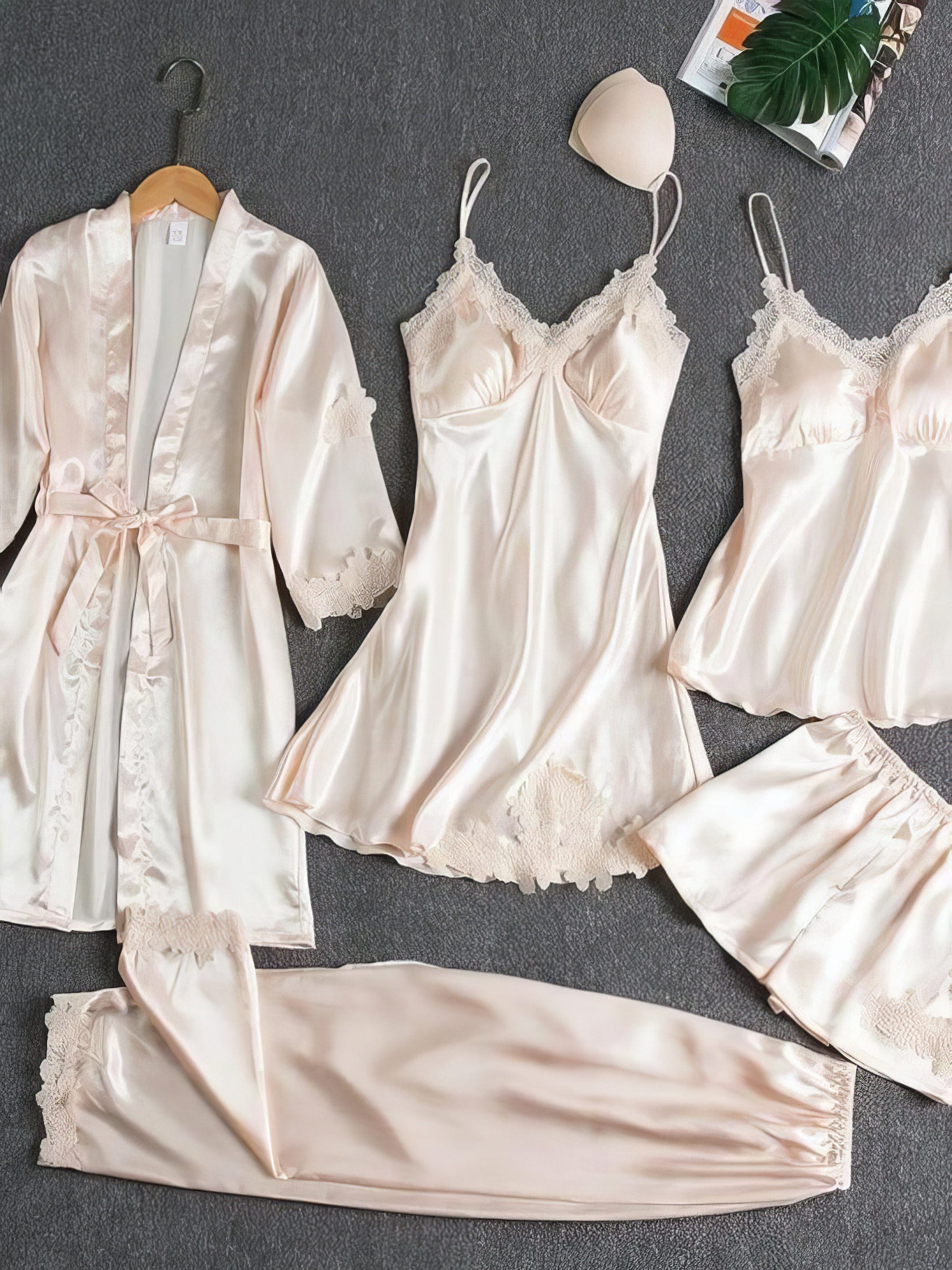 Women's 5-Piece Satin Pajama Set, Lace Trimmed