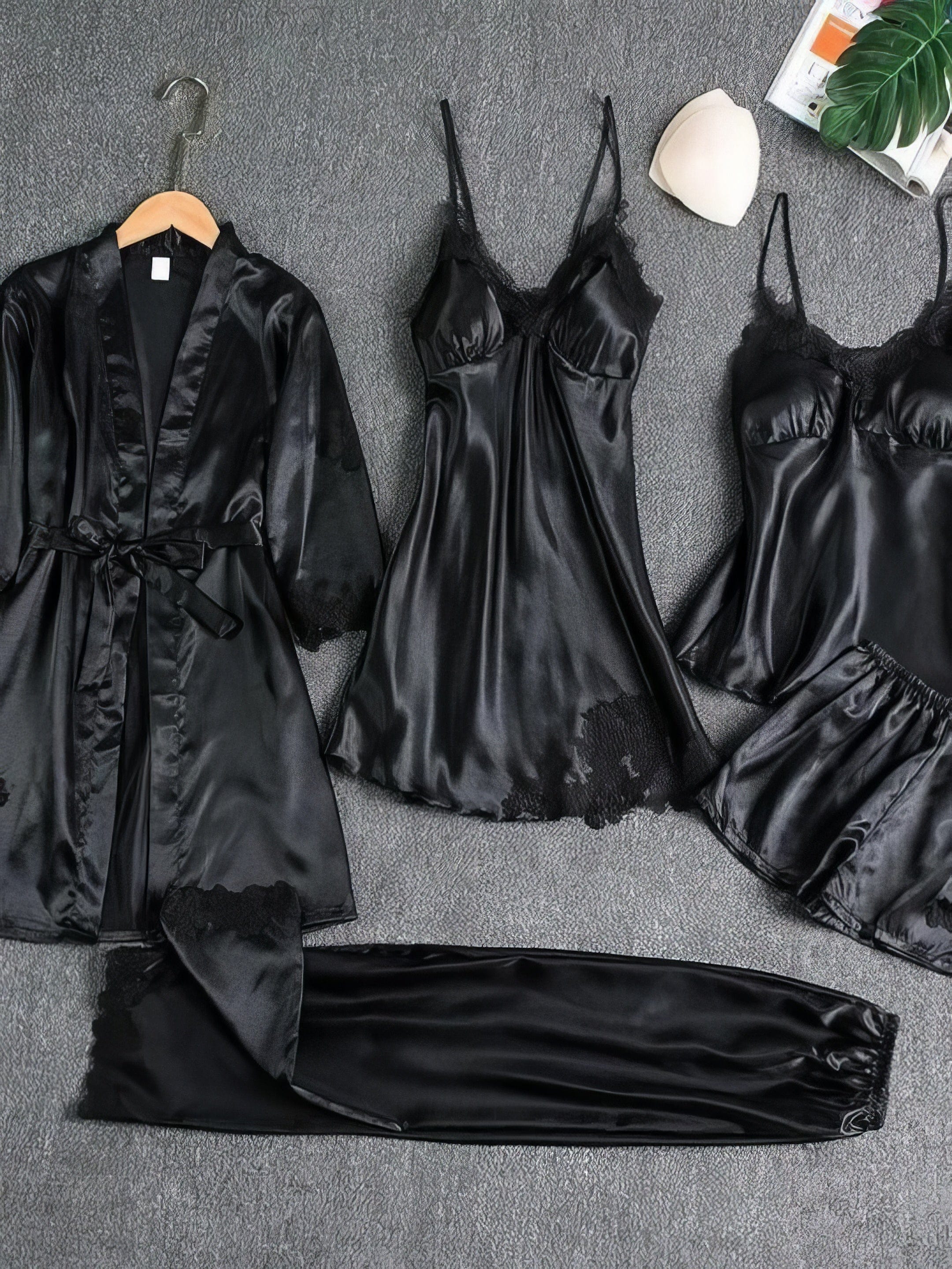 5-Piece Pajama Set: Soft Satin, Lace Details
