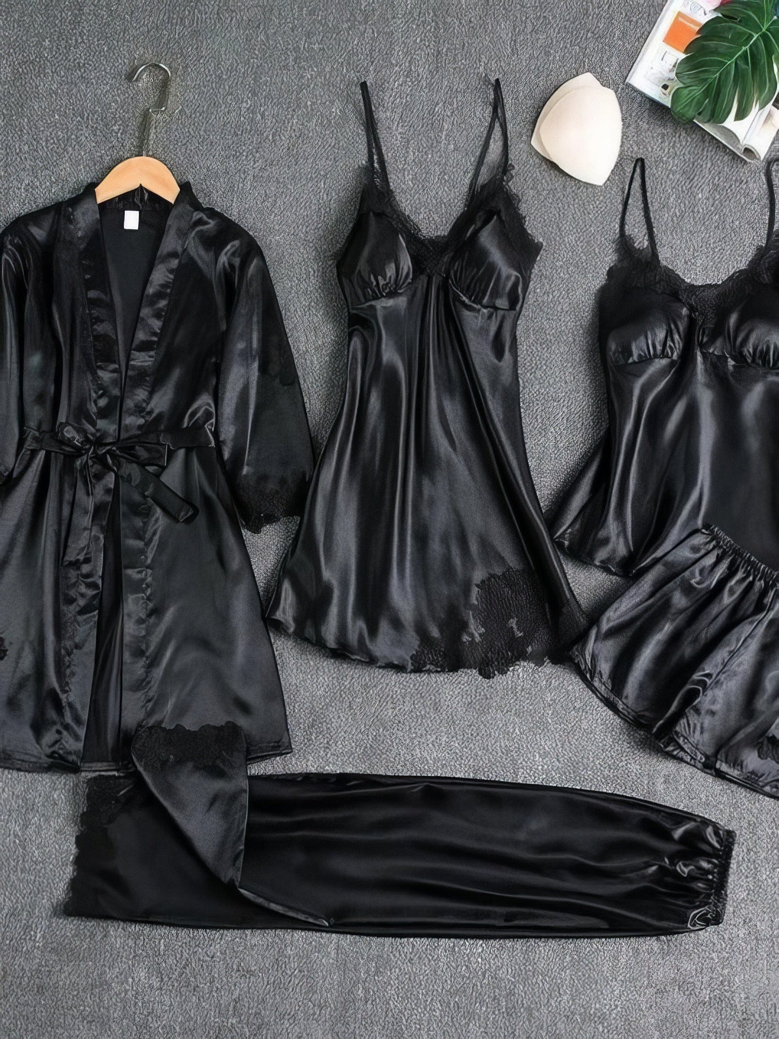 5-Piece Pajama Set: Soft Satin, Lace Details