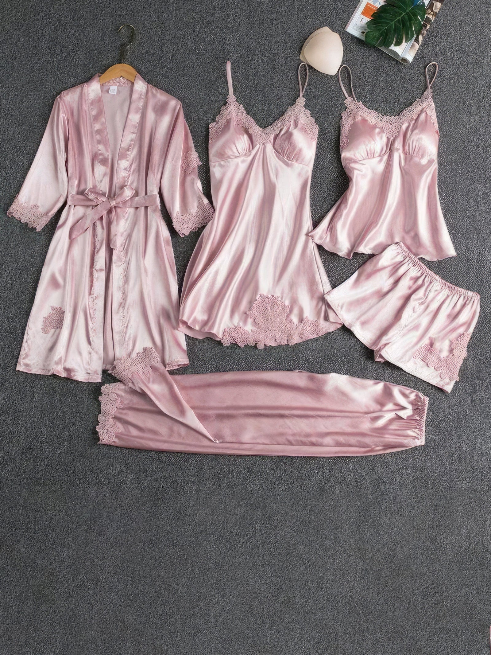 5-Piece Pajama Set: Soft Satin, Lace Details