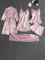 5-Piece Pajama Set: Soft Satin, Lace Details