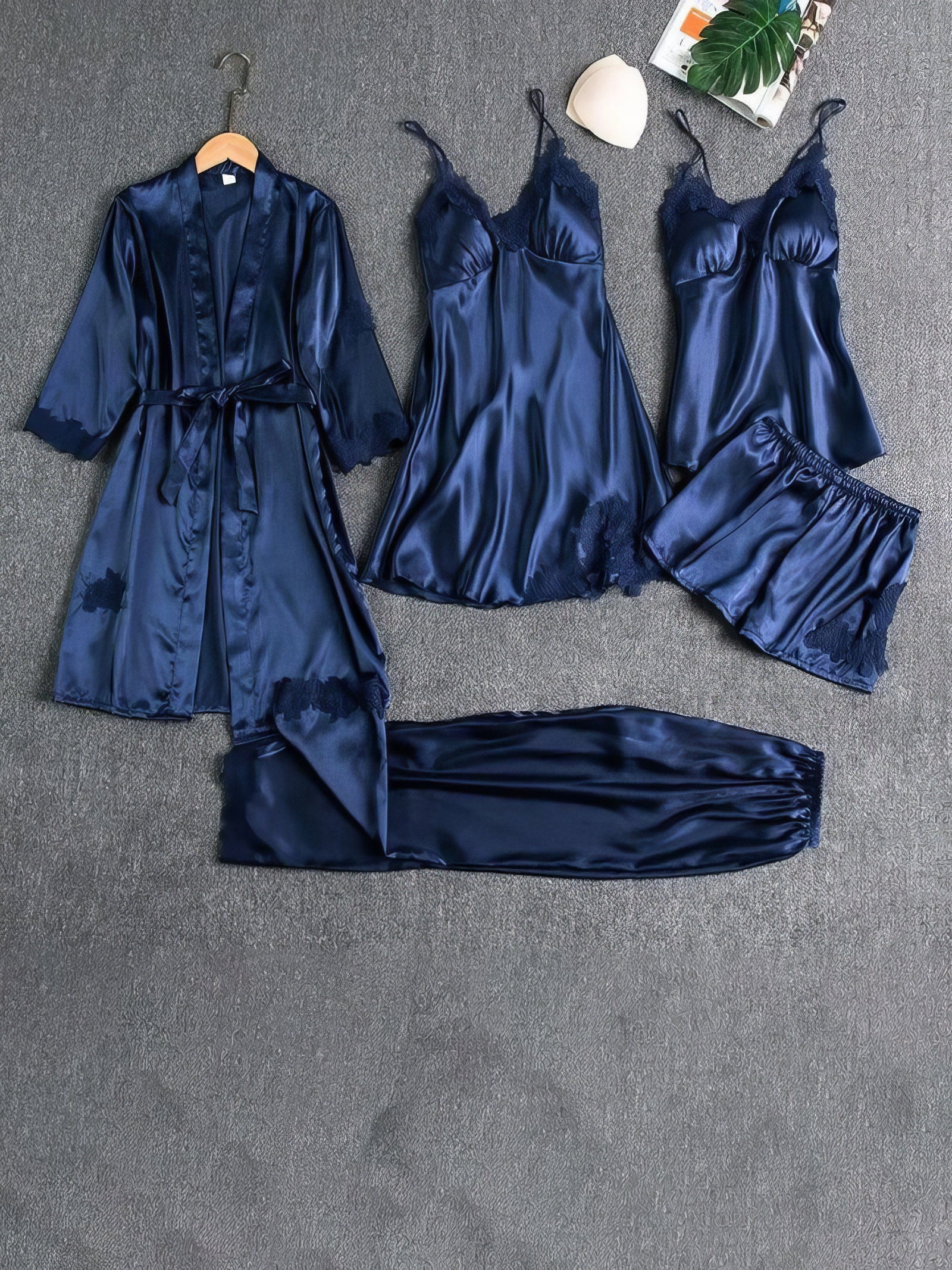 5-Piece Pajama Set: Soft Satin, Lace Details